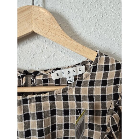 NEW Hyfve Neutral Checkered Puff Sleeve Crop Top S - Picture 7 of 8